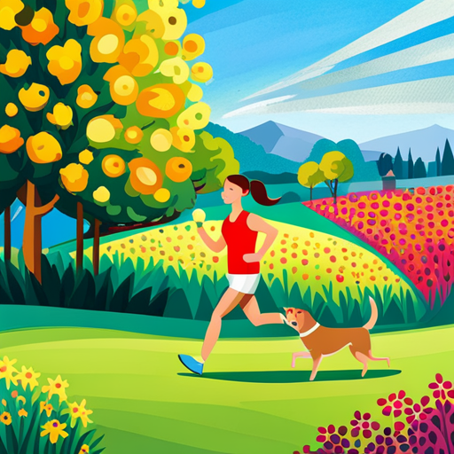 An image showcasing a joyful individual jogging alongside their energetic dog in a lush green park, surrounded by vibrant flowers and a clear blue sky, highlighting the positive impact of dogs on mental and physical well-being