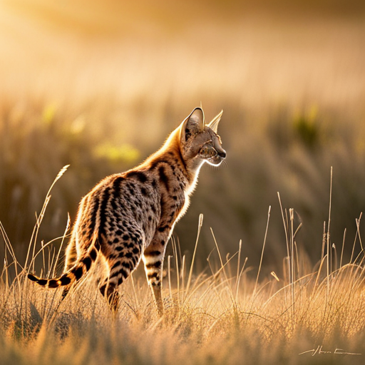 An image that captures the untamed spirit of serval cats and Savannahs: a mesmerizing silhouette of a serval, its sleek body illuminated by the golden hues of a setting sun, as it gracefully leaps through tall grass amidst a vast African savannah