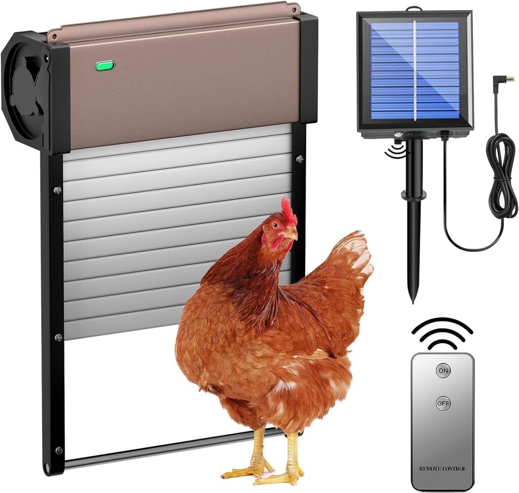 Automatic Chicken Coop Door, Solar Powered Opener Chicken Coops Door with Timer  Light Sensor, Auto Chicken Door with Remote Control, Full Aluminum and Weatherproof Multi-Modes Poultry