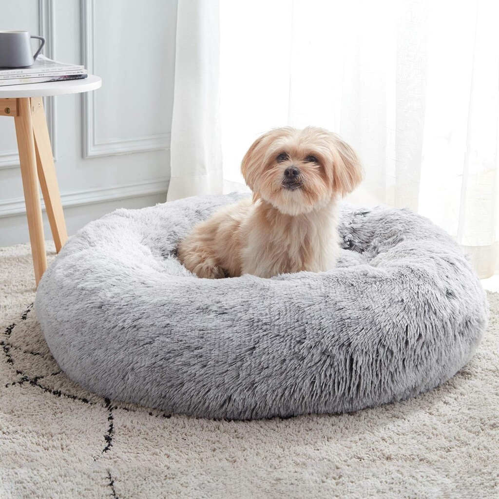 Calming Dog  Cat Bed, Anti-Anxiety Donut Cuddler Warming Cozy Soft Round Bed, Fluffy Faux Fur Plush Cushion bed for Small Medium Dogs and Cats (20/24/27/30)