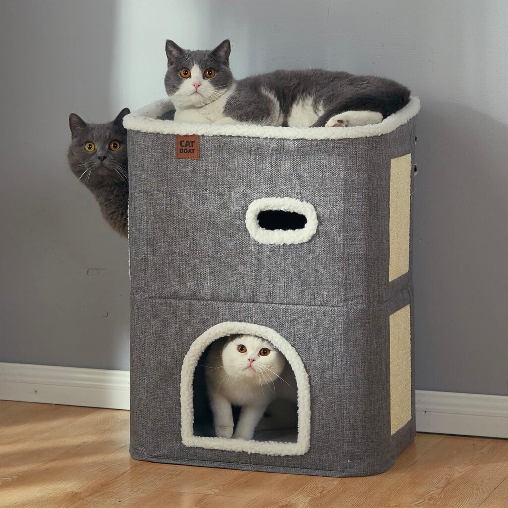 CATBOAT 2-Storey Cat House for Indoor Cats Bed, Covered Cat Cave Beds  Furniture with Scratch Pad and Hideaway Cave, Cute Modern Cat Condo for Multi Small Pet Large Kitten Kitty, Grey