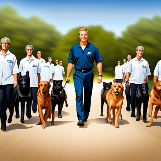 Capture a dynamic image of a dog trainer confidently leading a group of well-behaved canines, demonstrating perfect leash control, with their attentive eyes fixed on their handler's every move