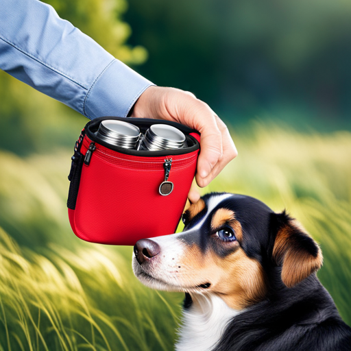 An image capturing a hand reaching into a durable, waterproof dog training treat pouch with multiple compartments