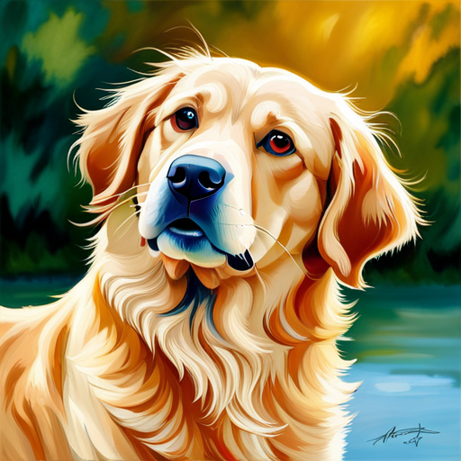 An image capturing the captivating physical traits of a Golden Retriever: a majestic, golden-hued coat cascading in waves, expressive almond-shaped eyes brimming with warmth, and a confident stance exuding elegance and charm