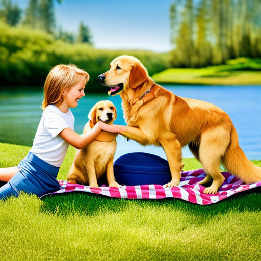 An image of a blissful golden retriever nestled between two giggling children, all three sharing a sunny afternoon picnic