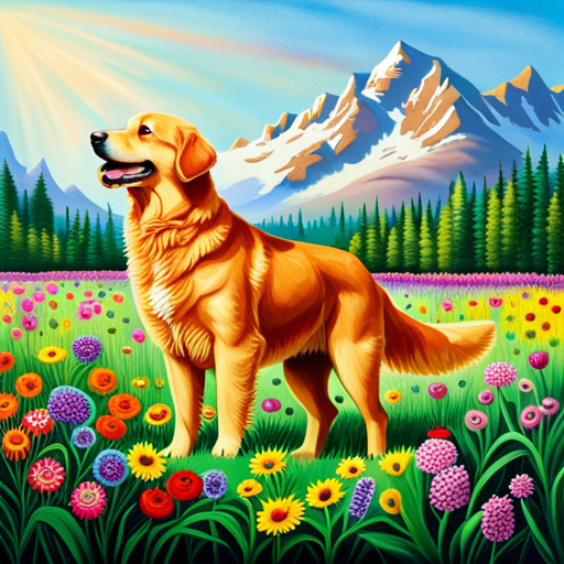 An image showcasing a majestic Golden Retriever, its luscious golden coat gleaming under the radiant sunlight, as it playfully bounds through a field of vibrant wildflowers, exuding an aura of joy and boundless energy