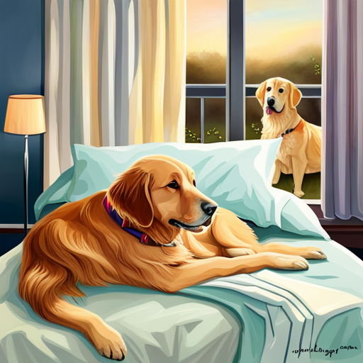 An image showcasing a heartwarming scene of a Golden Retriever, with a gentle expression on its face, calmly comforting a patient in a hospital bed, surrounded by soothing pastel colors