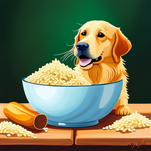 An image showcasing a golden retriever happily devouring a bowl of freshly cooked jasmine rice, steam gently rising from the fragrant grains