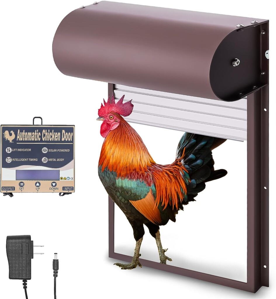 EOICCEOH Upgraded Automatic Chicken Coop Door with Programmable Battery-Operated  Plug-in Timer, Anti-Pinch Roller Shutter  Aluminum Alloy Frame Door Openers for Home Farms (Brown)