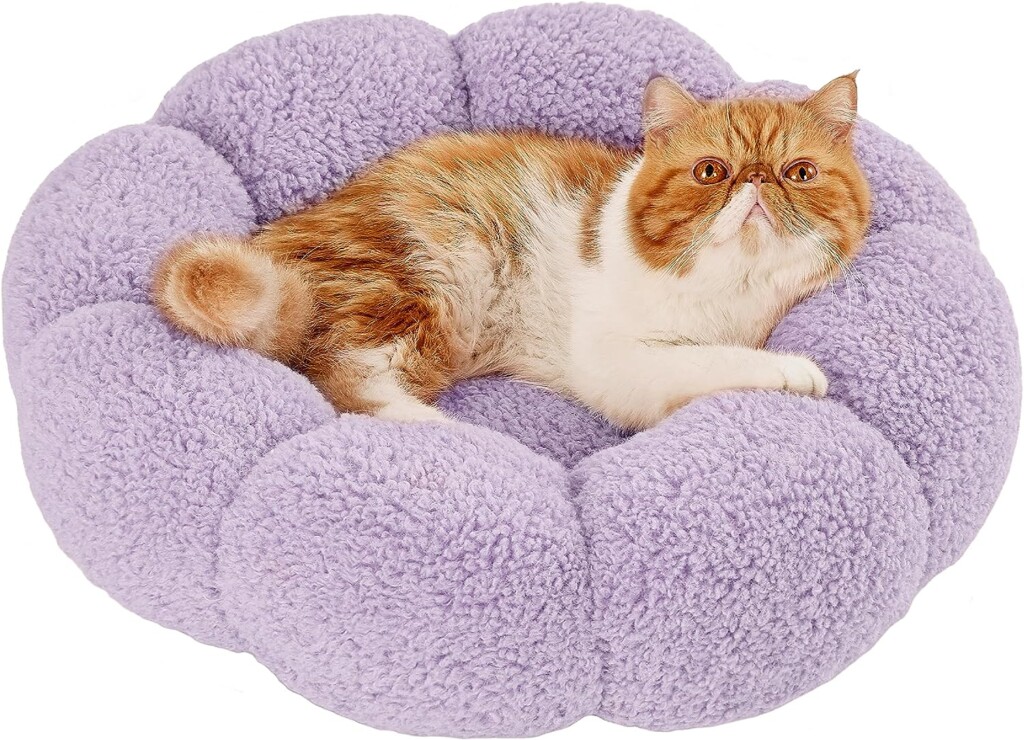 Lesure Calming Cat Beds for Indoor Cats - Cute Flower Pet Beds in Teddy Sherpa Plush, Donut Round Fluffy Puppy Bed, Anti-Anxiety Extra Small Dog Bed Fits up to 15 lbs, Machine Washable, Purple 20
