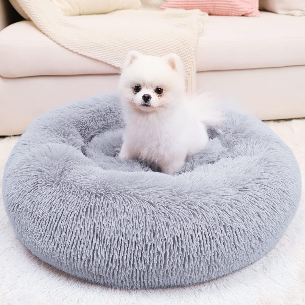 WAYIMPRESS Calming Dog Bed for Small Dog  Cat,Washable Plush Round Pet Puppy Bed with Fluffy Faux Fur for Anti Anxiety and Cozy (20x20 Inch, Grey)