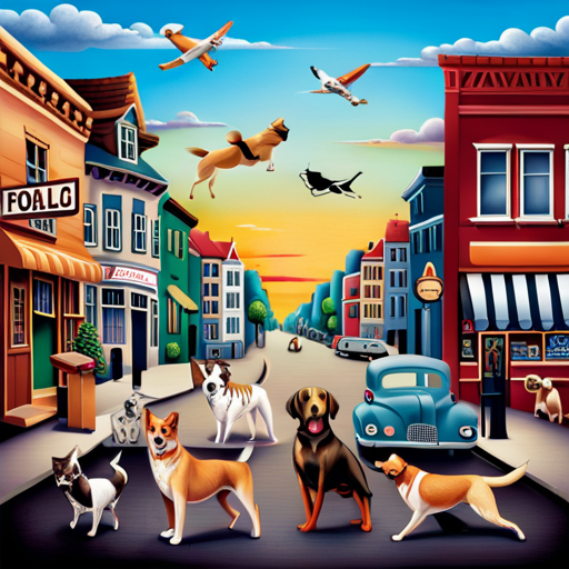 An image that captures a bustling neighborhood street, with various dog breeds depicted in vivid detail