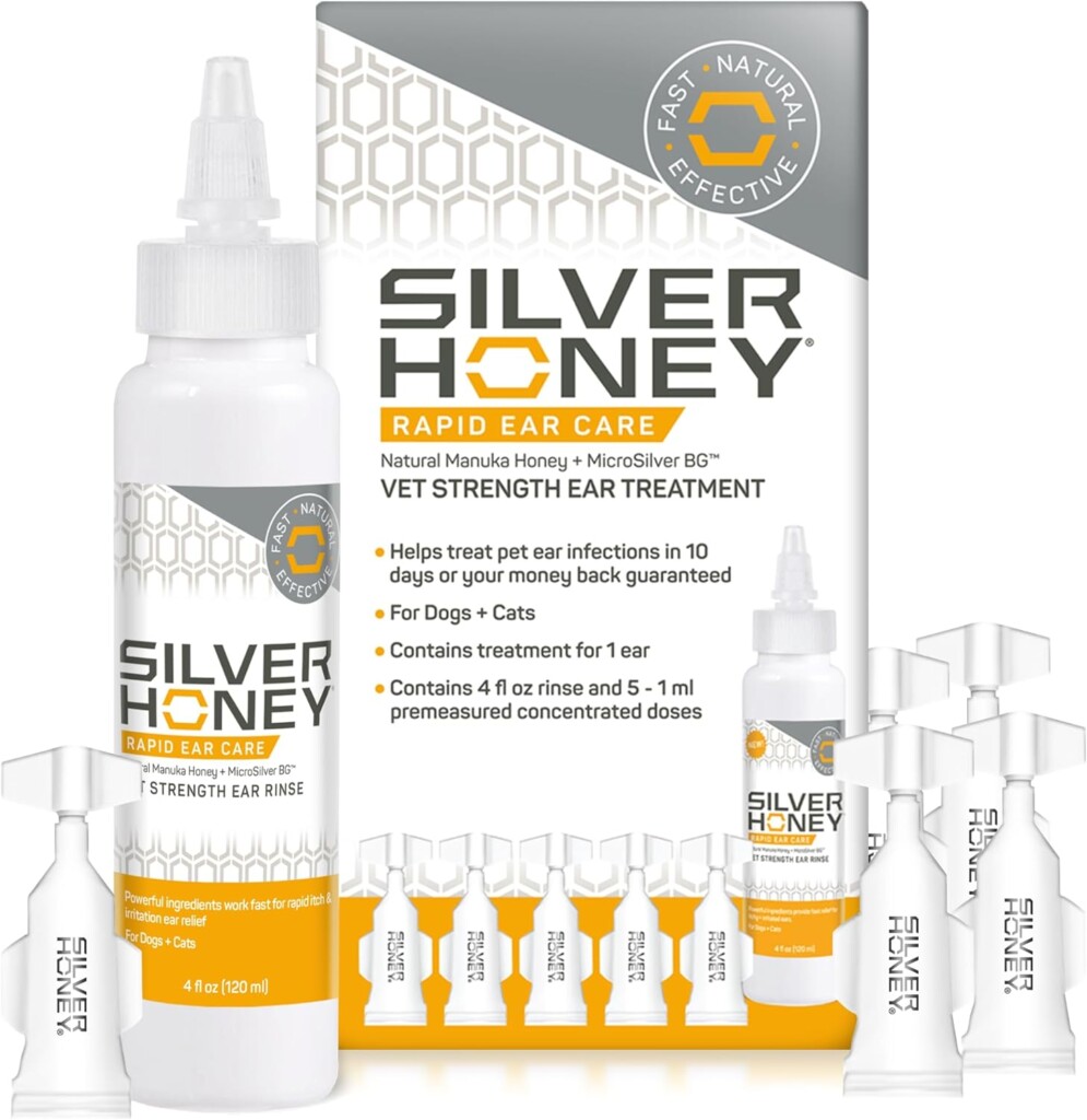 Absorbine Silver Honey Rapid Ear Care Vet Strength Ear Cleaner + Infection Treatment, 10-Day Regimen for 1 Ear, Safe for Dogs, Cats  All Animals, Medical Grade Manuka Honey  MicroSilver BG