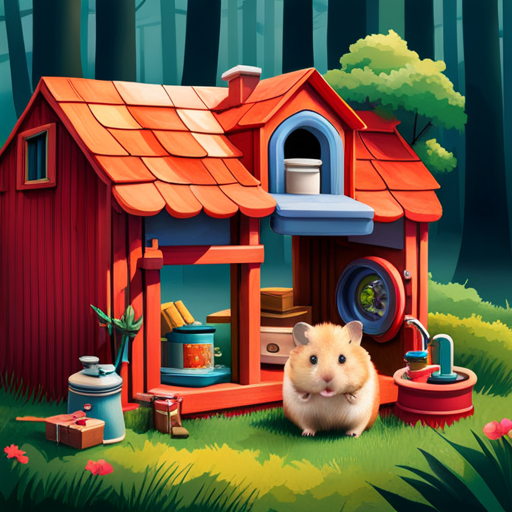 An image that showcases a cozy hamster habitat filled with vibrant, chewable toys, a spinning exercise wheel, a miniature wooden house, and a water dispenser, inviting readers to adopt a hamster