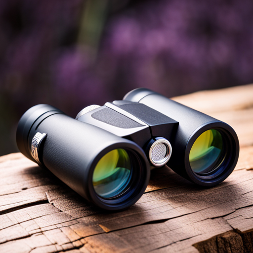 An image showcasing a pair of sleek, lightweight binoculars with a durable rubber grip and multi-coated lenses, capturing the vibrant hues of a majestic bird perched on a branch