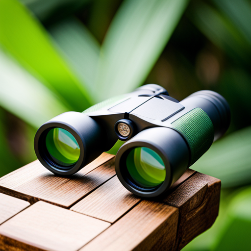 An image showcasing a pair of sleek, lightweight binoculars with rubberized armor in a vibrant green color