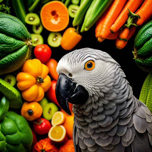 An image featuring an African Grey Parrot perched on a branch, surrounded by a variety of vibrant fruits and vegetables such as papaya, kale, and carrots