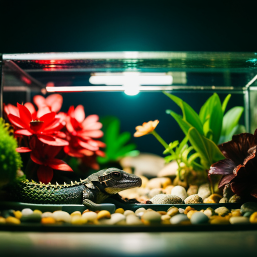 An image showcasing a terrarium filled with lush vegetation, rocks, and a heat lamp, with a content alligator lizard basking under its warm glow, demonstrating the ideal habitat for keeping these captivating reptiles as pets
