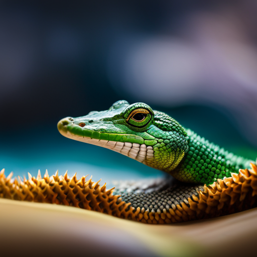 -up image capturing the intricate scales and textured skin of an alligator lizard, its vibrant green color contrasting against the earthy backdrop, showcasing the reptile's natural camouflage and unique features