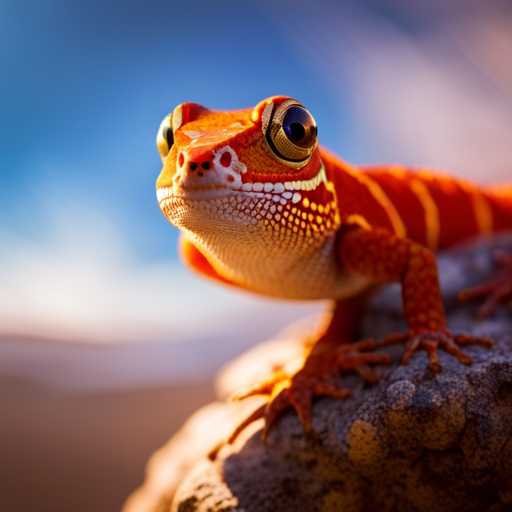 An image capturing the vibrant hues of an Arizona Banded Gecko Lizard as it gracefully scales a rocky terrain, showcasing its distinctive banded pattern, while the sun casts a warm glow on its scaly skin
