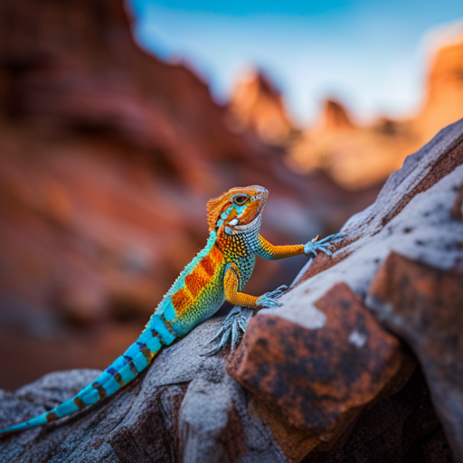  the awe-inspiring moment of a vibrant Collared Lizard gracefully scaling a rocky terrain, showcasing its mesmerizing turquoise body shimmering under the Arizona sun while boldly contrasting against the rusty-red backdrop