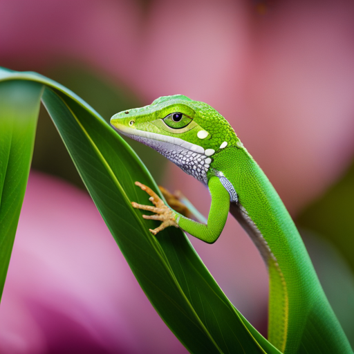 An image showcasing a vibrant Green Anole Lizard perched on a lush emerald leaf, its slender body gracefully arched