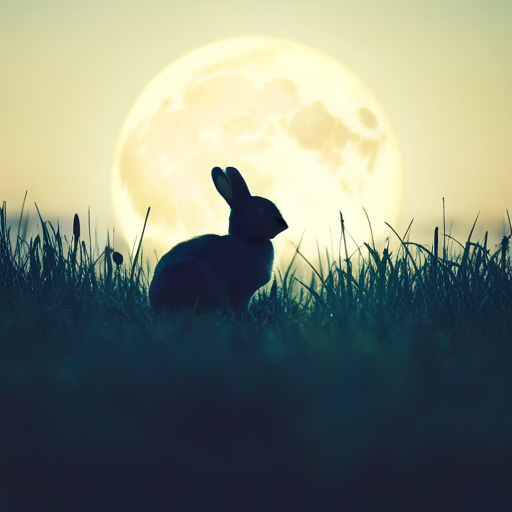 An image showcasing a serene moonlit meadow, with a silhouetted rabbit gracefully leaping amidst the shadows