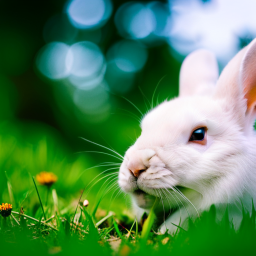 An image of a cute, fluffy rabbit with long ears and a twitching nose, peacefully nibbling on a delicate green leaf