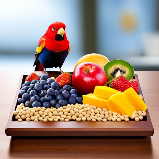 An image showcasing a variety of vibrant and nutritious bird foods, such as colorful fruits, nutrient-rich seeds, and protein-packed insects, enticingly arranged on a wooden feeding tray