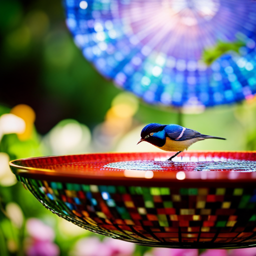 An image showcasing a vibrant hanging bird bath with a mosaic design, adorned with intricate glass tiles in various hues, reflecting sunlight and surrounded by lush greenery, offering a serene oasis for feathered friends
