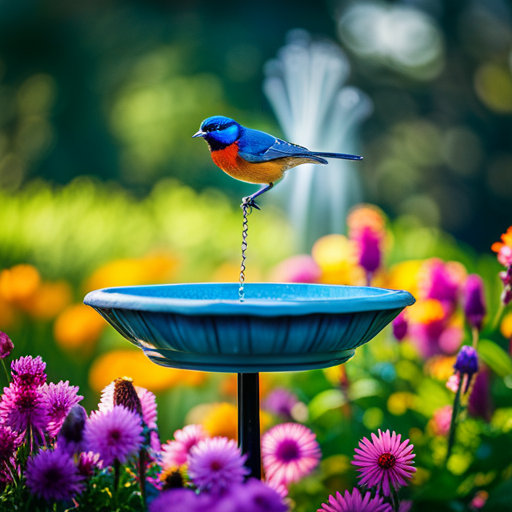 An image capturing a lush backyard scene with a vibrant, hanging bird bath surrounded by colorful native flowers, perched atop a sturdy, decorative hook