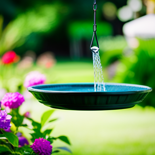 An image showcasing a vibrant backyard scene with a hanging bird bath amidst lush greenery, attracting various colorful bird species