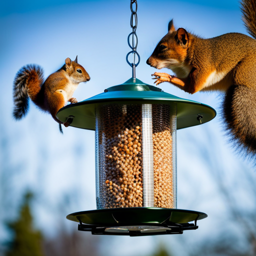 An image capturing a large capacity bird feeder hanging from a sturdy metal pole, surrounded by a squirrel-proof baffle