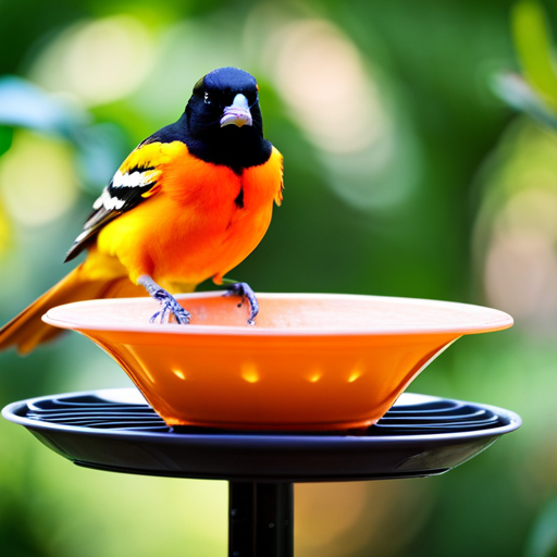An image showcasing a vibrant orange and black Oriole bird perched on a sturdy, rust-resistant metal feeder with multiple nectar ports, a spacious tray for oranges, and a built-in ant moat