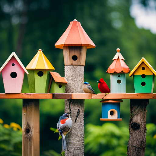 An image showcasing a lush backyard with a variety of birdhouses, each uniquely designed to cater to different bird species