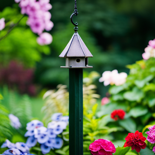 An image of a lush backyard with vibrant flowers and a variety of birdhouses strategically placed on sturdy branches and poles