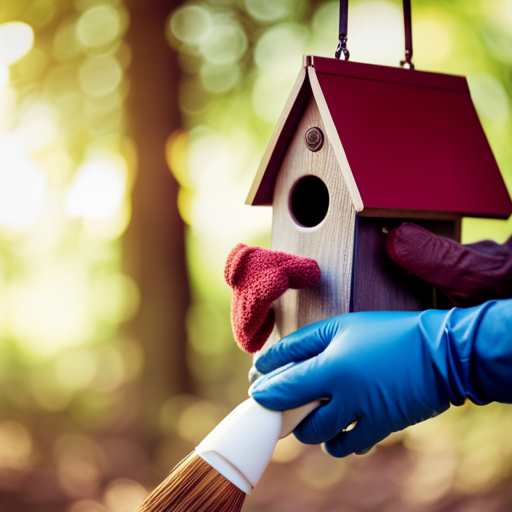 An image showcasing a pair of gloved hands gently cleaning a birdhouse, with a soft-bristled brush removing debris and a small bucket nearby containing fresh nesting materials, highlighting the importance of regular maintenance