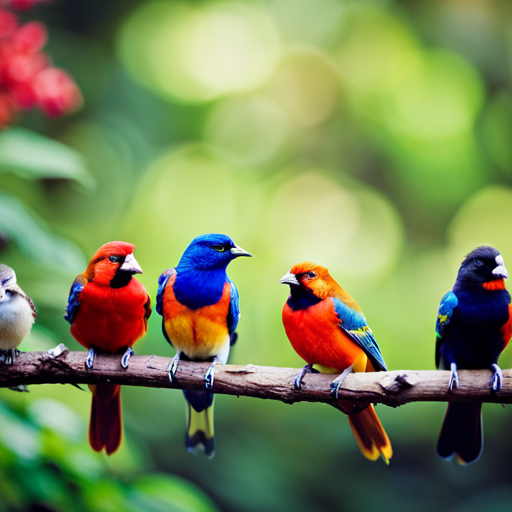 An image showcasing a vibrant backyard scene, with a variety of colorful birds joyfully feasting on a rich assortment of suet cakes hanging from a sturdy branch, surrounded by lush green foliage