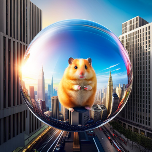 An image of a colossal hamster, its fluffy body towering over skyscrapers, as it playfully rolls a massive exercise ball through a bustling city