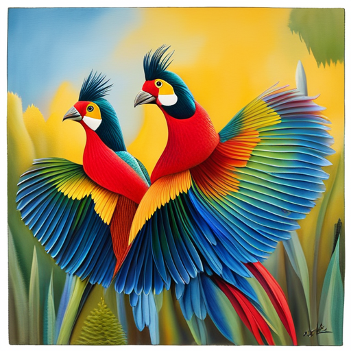 An image capturing the enchanting world of bird courtship, depicting intricate aerial displays of dancing and synchronized flight, adorned with vibrant plumage, as feathered couples form lifelong bonds amidst lush natural surroundings