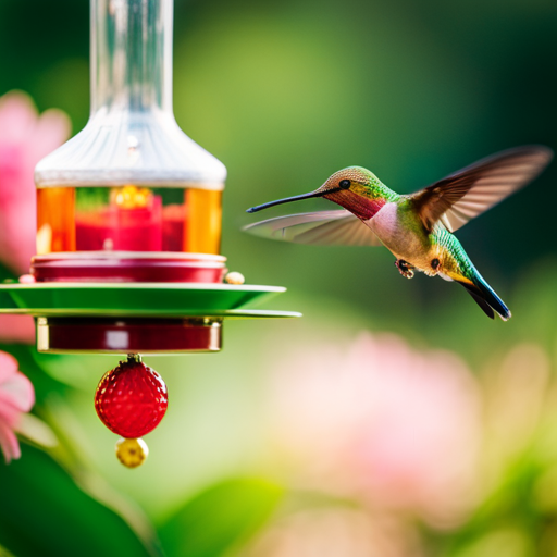 An image showcasing a vibrant and intricately designed hummingbird feeder, filled with nectar, surrounded by lush green foliage