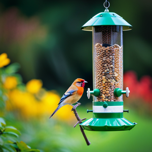 An image showcasing a variety of tube bird feeders filled with vibrant seeds, strategically placed in a lush garden