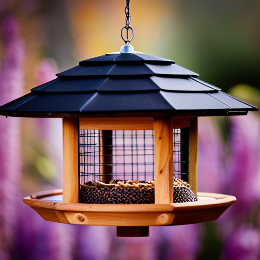 An image showcasing the beauty of a cedar bird feeder: a close-up shot capturing the intricate woodwork, rich natural colors, and the vibrant birds flocking to indulge in the feeder's offerings