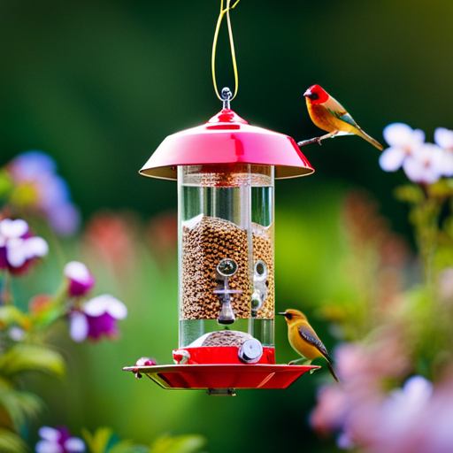 An image showcasing a vibrant, colorful finch bird feeder filled with an assortment of tiny, delicate seeds