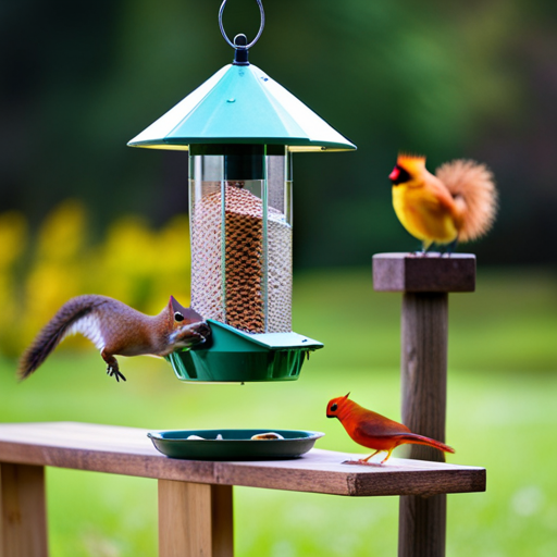 An image showcasing a squirrel-proof bird feeder in action, with a determined squirrel attempting to access the feeder, while colorful birds enjoy their meal undisturbed, capturing the essence of effective bird watching