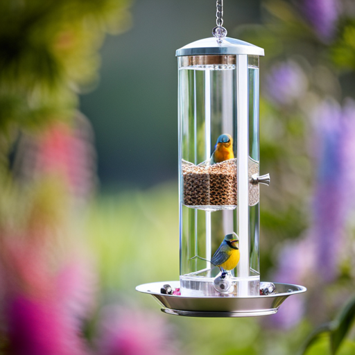An image showcasing a window bird feeder in action, capturing a variety of colorful birds up-close