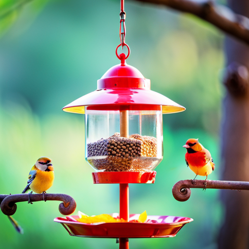 An image showcasing a close-up view of a platform bird feeder, filled with a variety of seeds and surrounded by various bird species