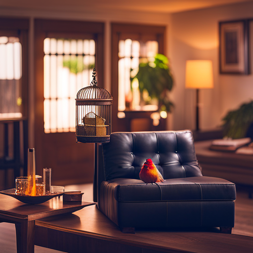 An image showcasing a cozy living room with vibrant bird-themed decor, featuring a spacious birdcage in one corner