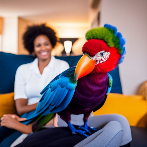 An image that showcases a bird owner happily interacting with their colorful parrot in a beautifully furnished rental apartment