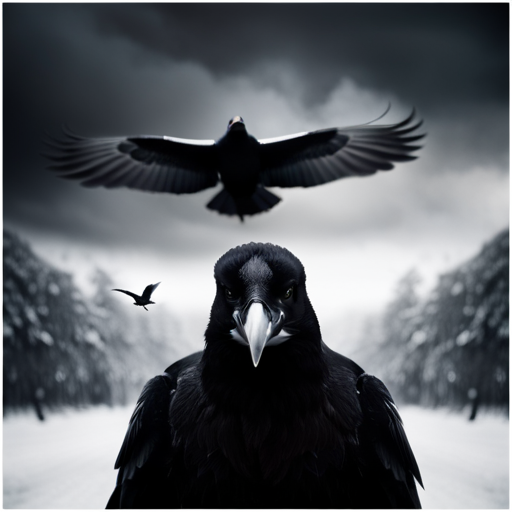 An image capturing a fierce confrontation between a majestic crow, a mysterious raven, and an elegant blackbird, symbolizing their profound presence in art, literature, and mythology